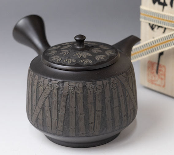 Kokudei Bamboo Engraved Teapot by Shunen II - Side View | Coffee and Tea Gifts