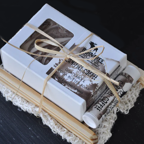 Cafe Bustelo Ground Coffee Gift Set with Goat Milk Coffee Soap & Lip Balm - Side View | Coffee and Tea Gifts