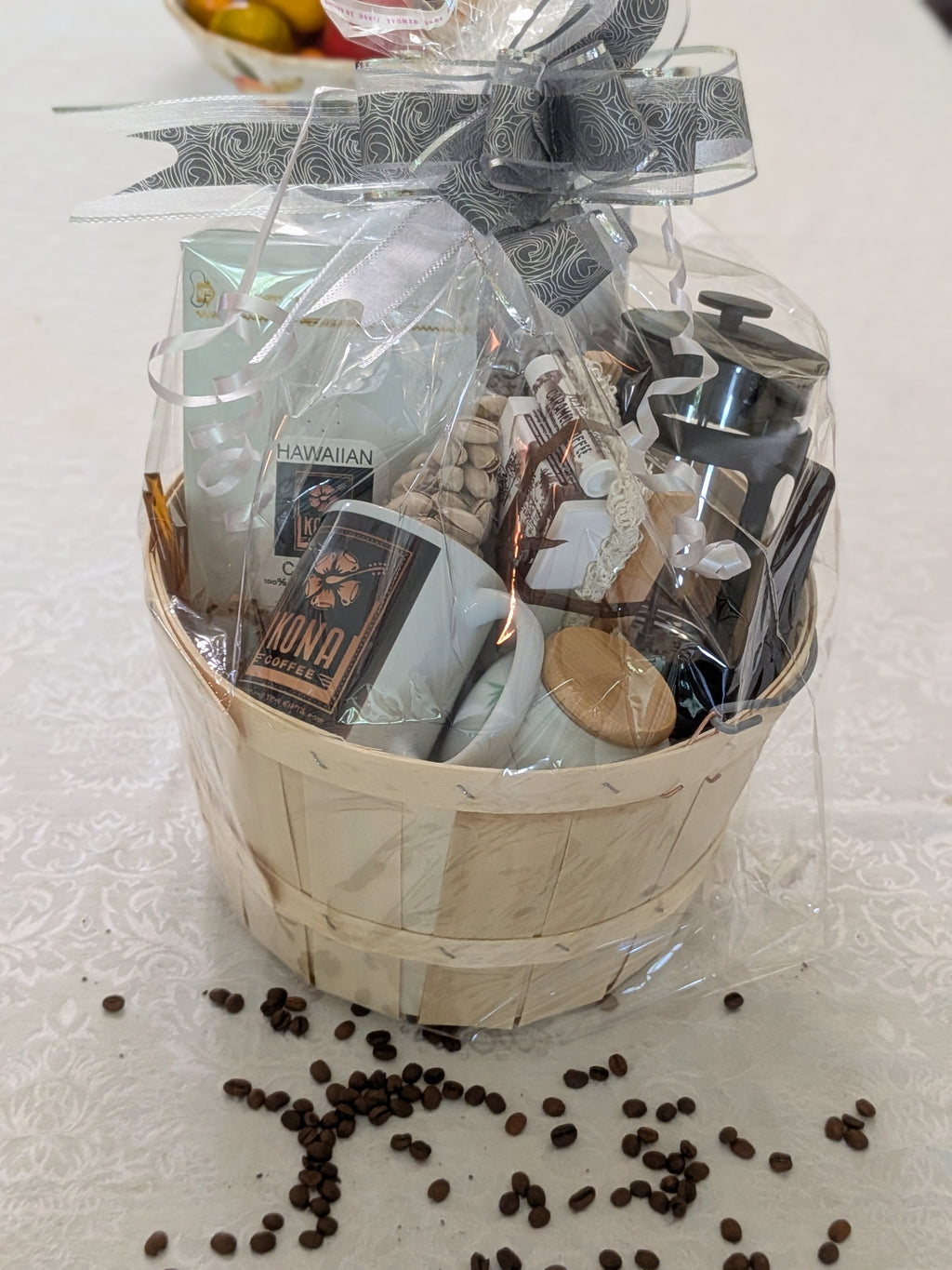 Premium Hawaiian Kona Coffee Gift Basket — Brewer, Mug & Soap Set