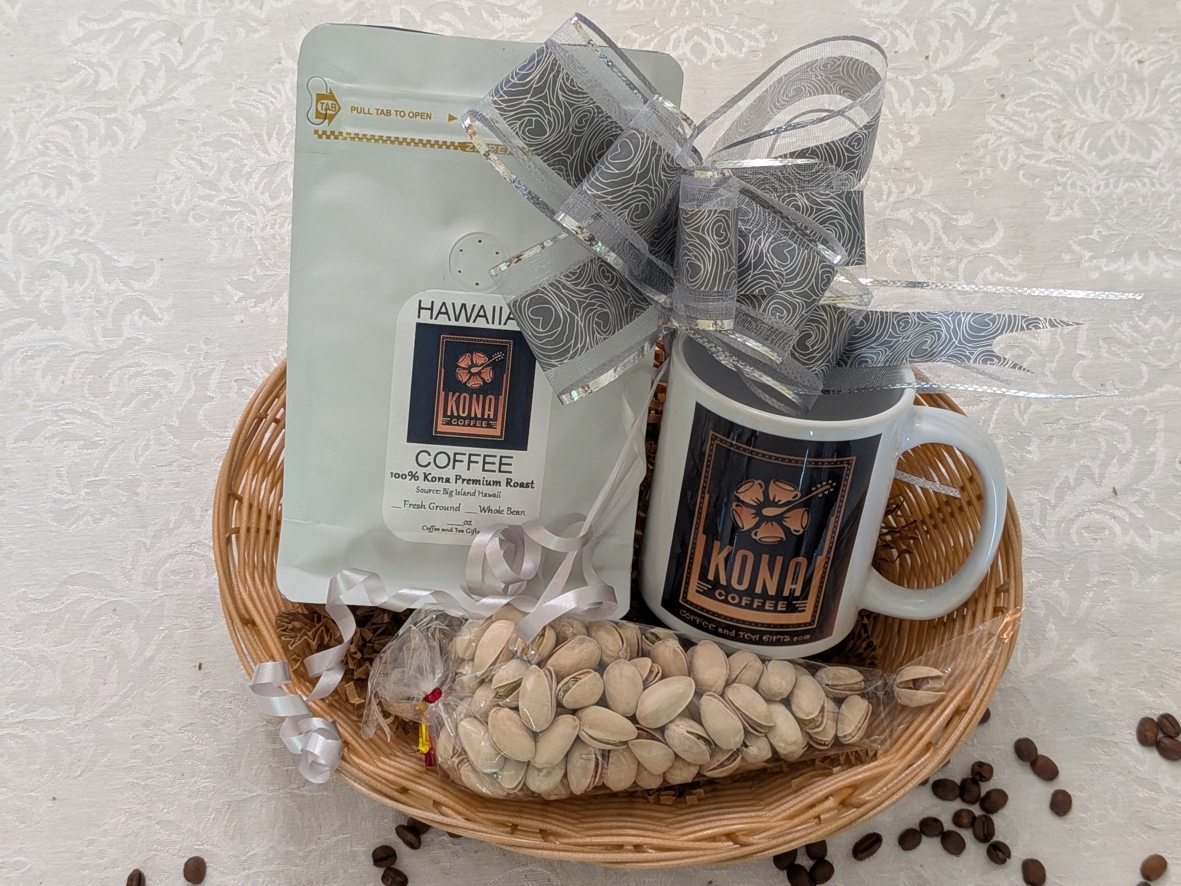 Hawaiian Kona Coffee Gift Basket — Coffee, Matching Mug & Pistachios