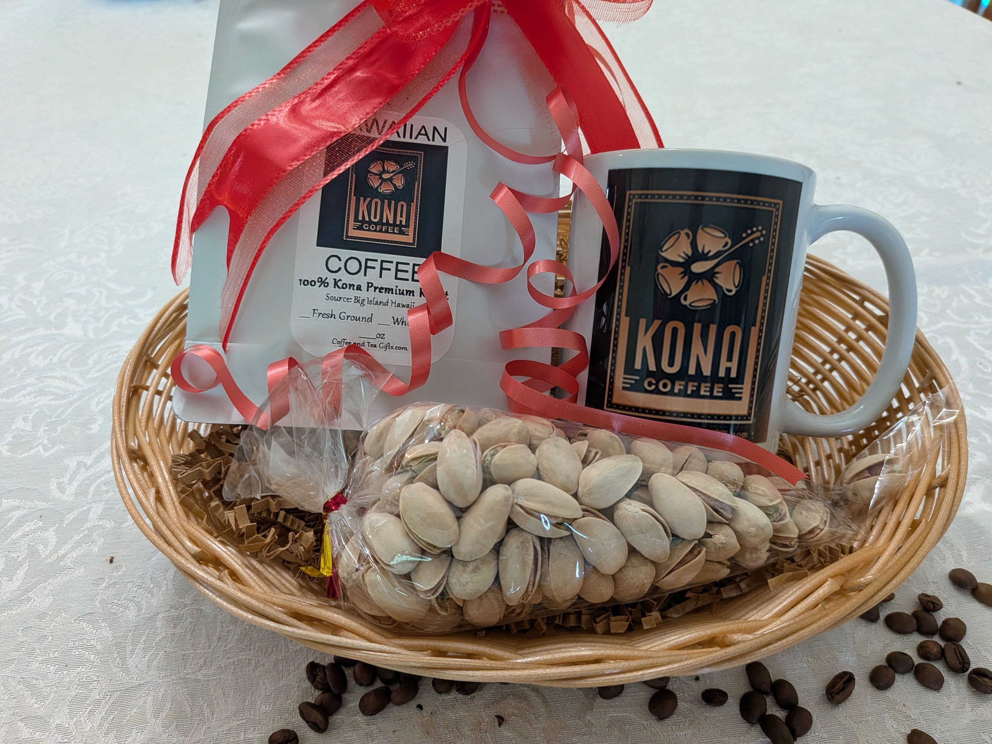 Hawaiian Kona Coffee Gift Basket — Coffee, Matching Mug & Pistachios