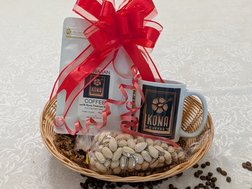 Hawaiian Kona Coffee Gift Basket — Coffee, Matching Mug & Pistachios