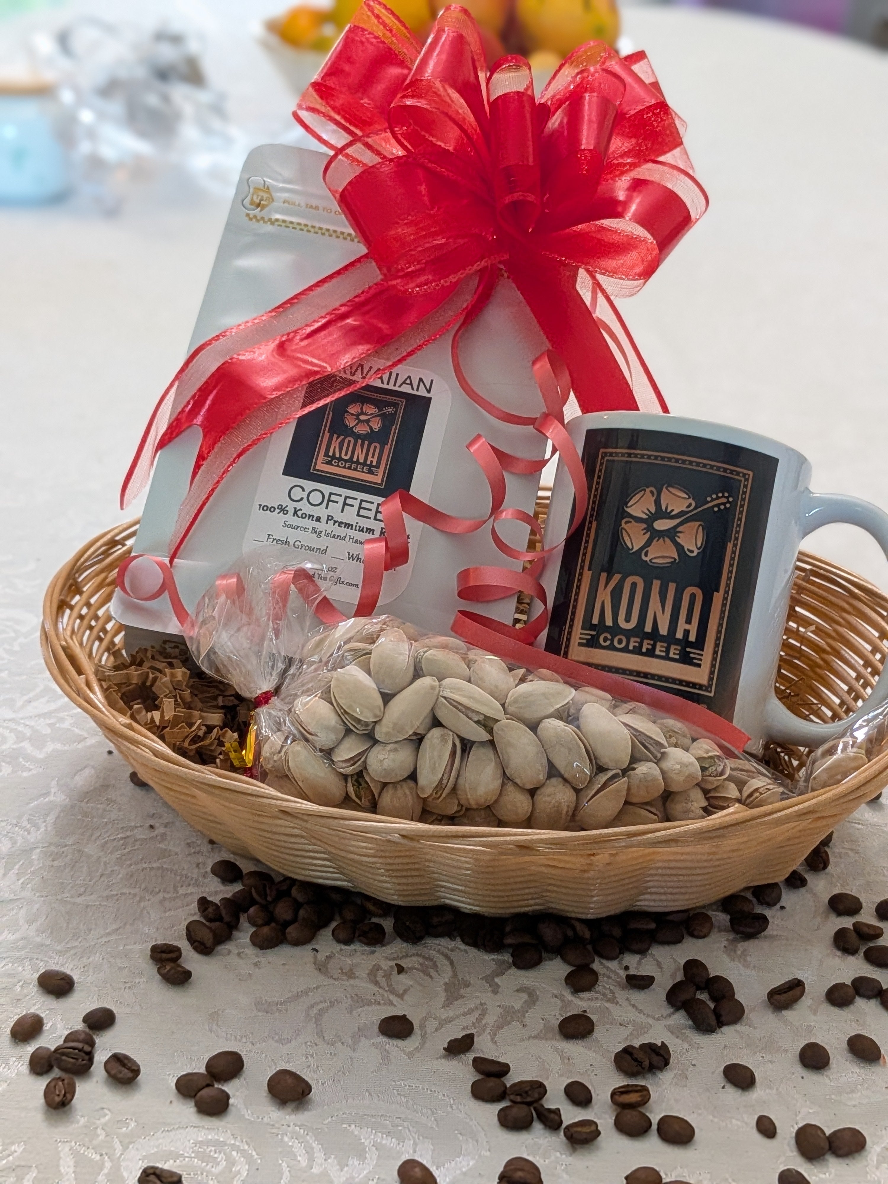 Hawaiian Kona Coffee Gift Basket — Coffee, Matching Mug & Pistachios