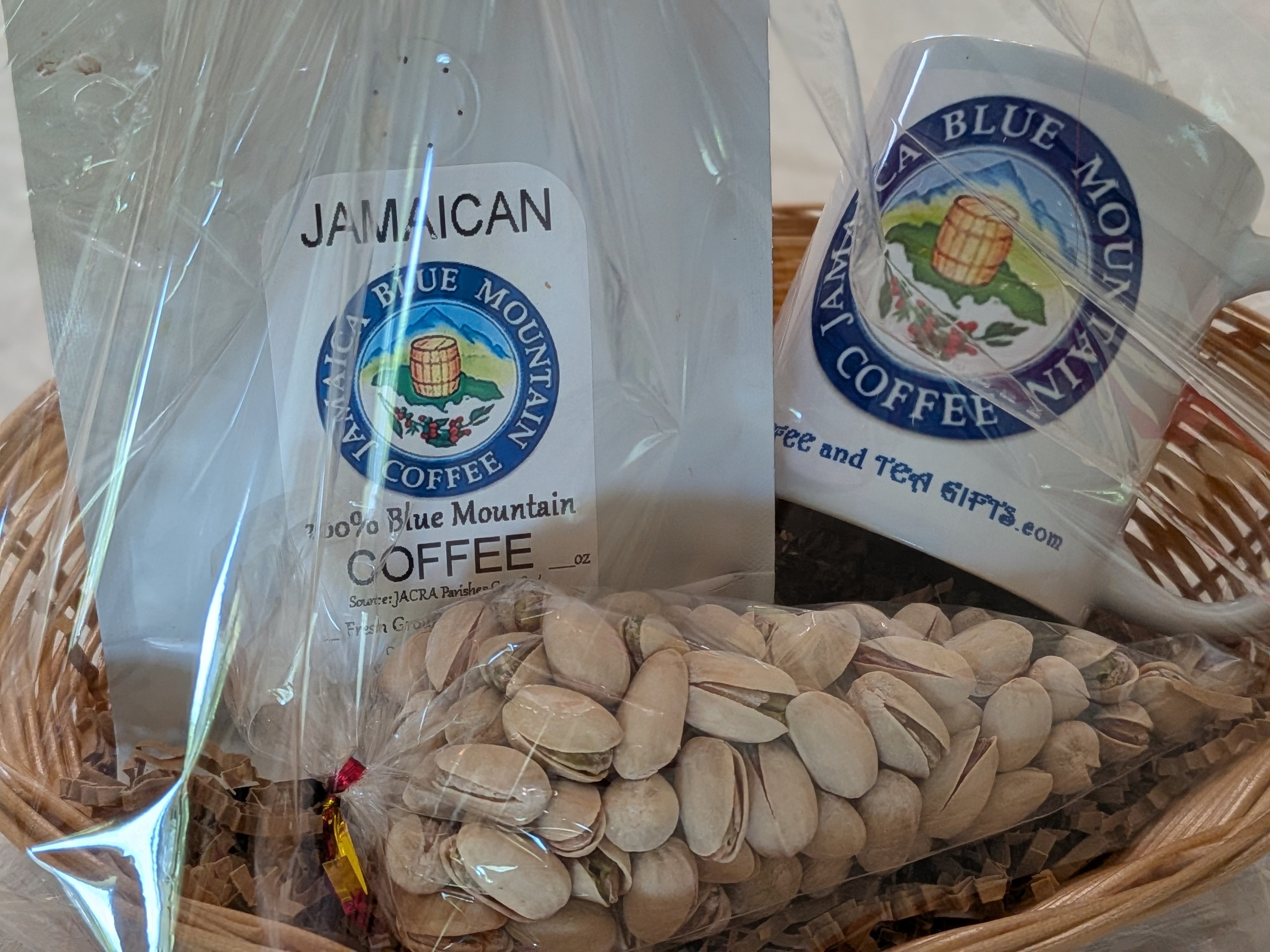Jamaican Blue Mountain Coffee Gift Basket — Coffee, Matching Mug & Pistachios