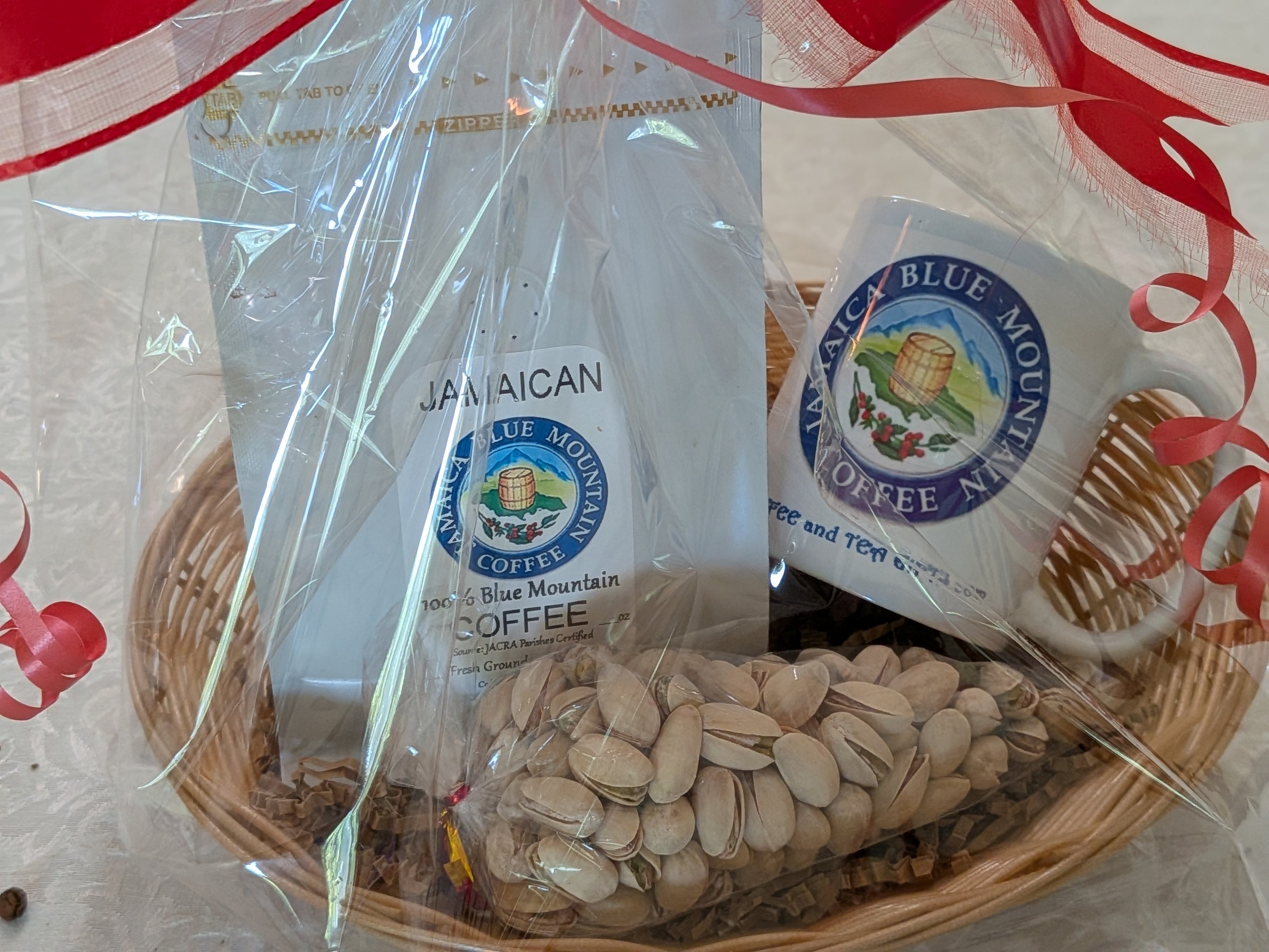 Jamaican Blue Mountain Coffee Gift Basket — Coffee, Matching Mug & Pistachios