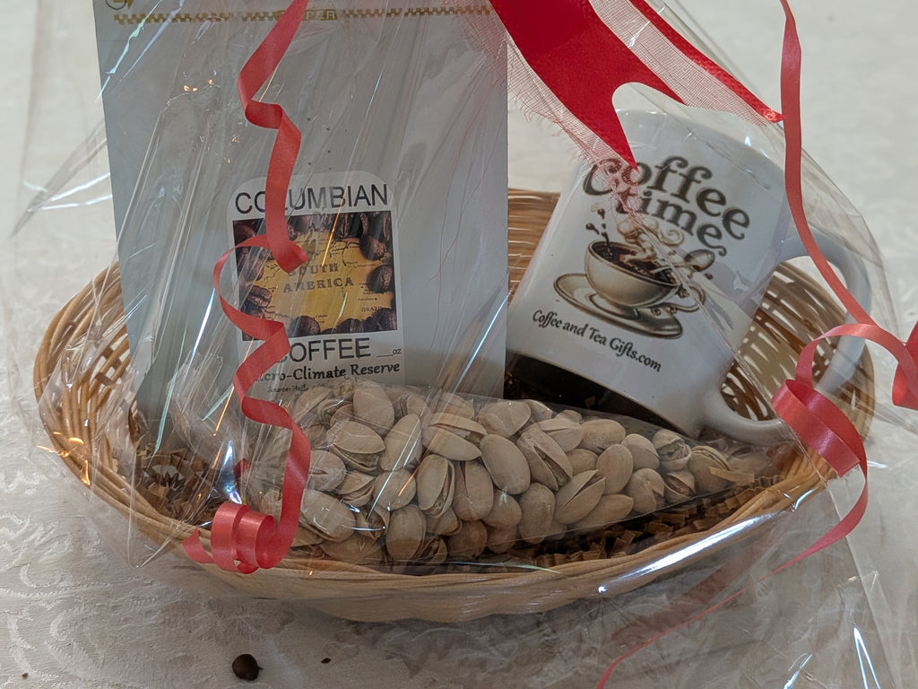 Colombian Micro-Climate Reserve Coffee Gift Basket — Coffee Time Mug & Pistachios