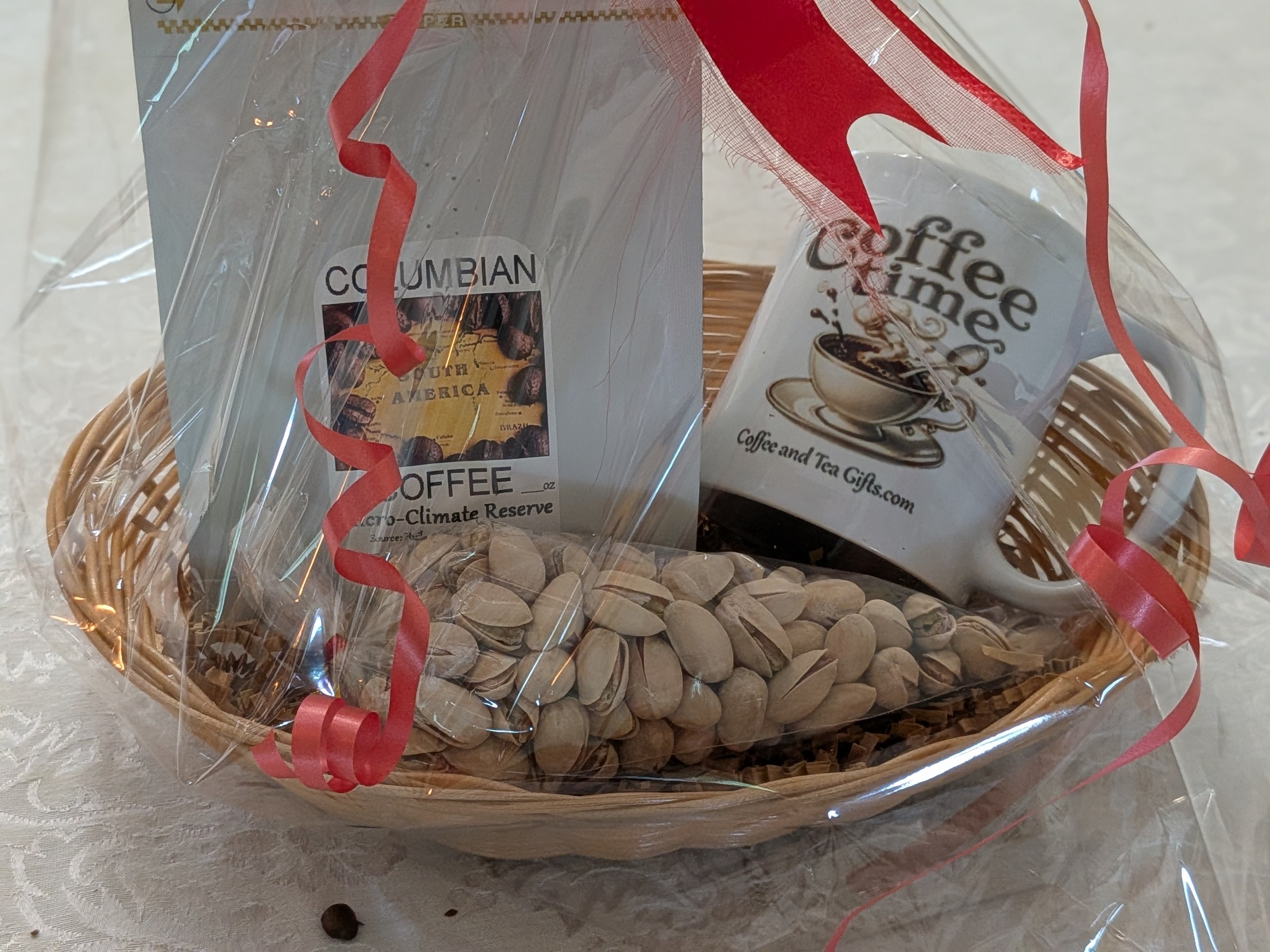 Colombian Micro-Climate Reserve Coffee Gift Basket — Coffee Time Mug & Pistachios
