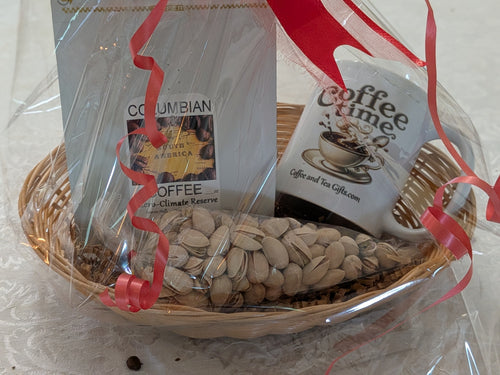 Colombian Micro-Climate Reserve Coffee Gift Basket — Coffee Time Mug & Pistachios