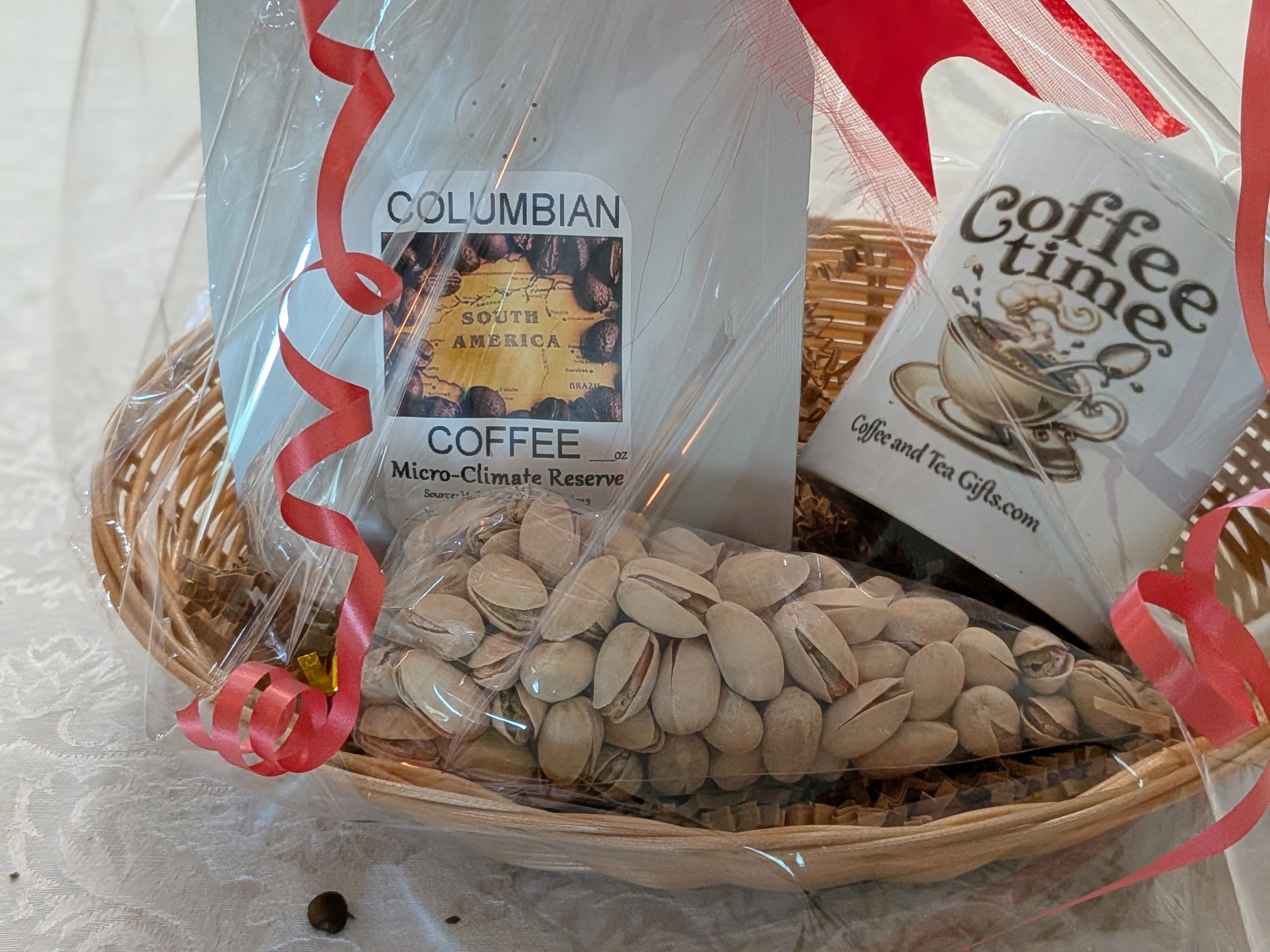 Colombian Micro-Climate Reserve Coffee Gift Basket — Coffee Time Mug & Pistachios