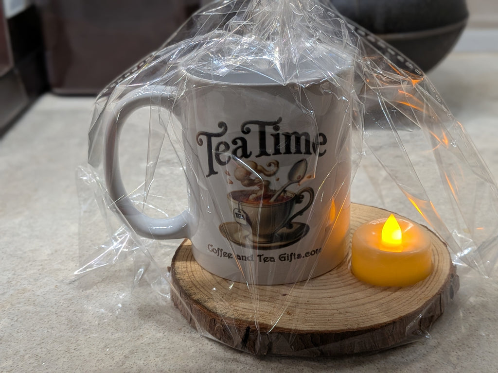 Tea Time Mug & Cedarwood Lighted Coaster Gift Set - Side View | Coffee and Tea Gifts